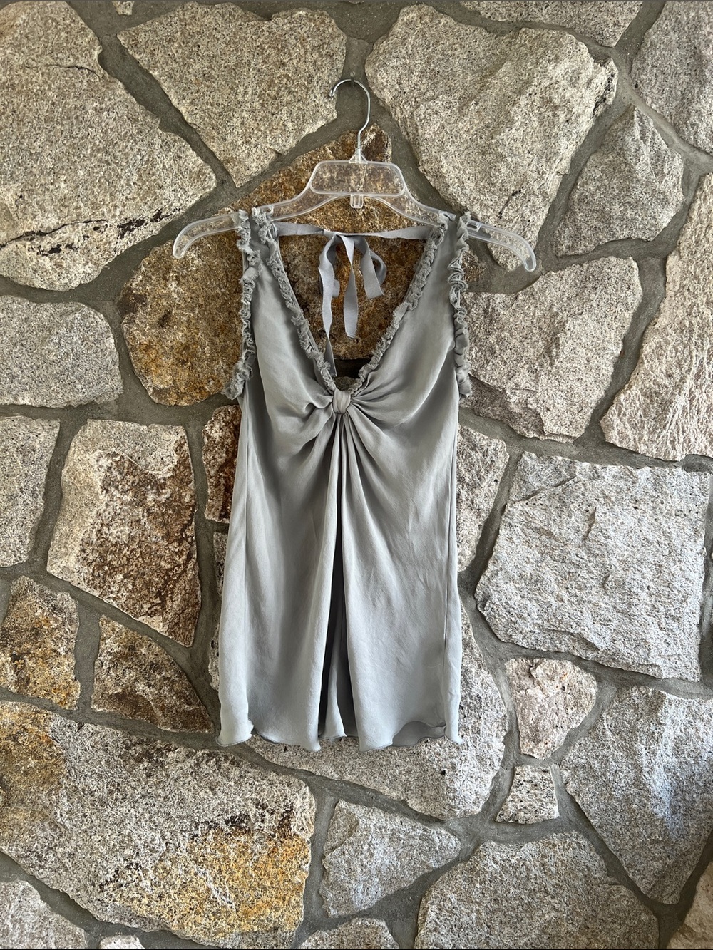 BHLDN Knotted Front Ruffle-Trim Chemise  Silk Top in Light Gray